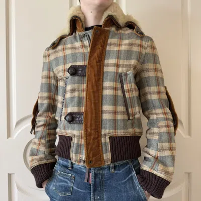 Pre-owned Dsquared2 F/w 2003 Plaid Fur Collar Jacket In Brown