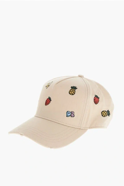 Dsquared2 Gabardine Cotton Cap With Embroidered Fruits In Neutrals
