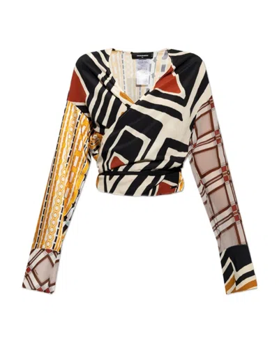 Dsquared2 Geometric-print Wrap-front Blouse In Nude