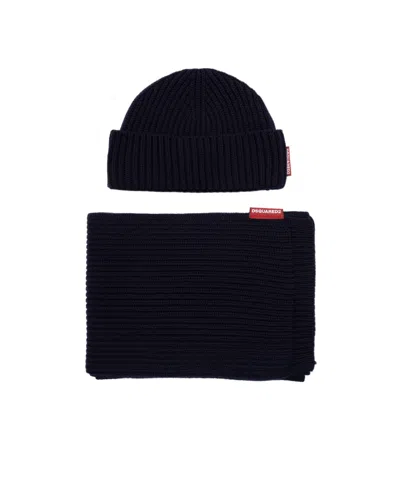 DSQUARED2 DSQUARED2 LOGO TAG RIBBED-KNIT BEANIE SCARF SET