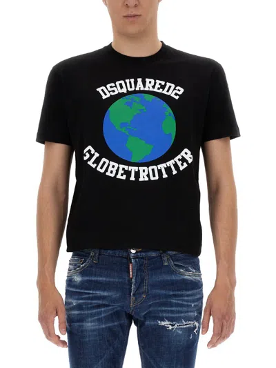 Dsquared2 "globetrotter" T-shirt With Print In Black