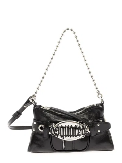 DSQUARED2 GOTHIC BLACK SHOULDER BAG WITH BELT DETAIL IN SMOOTH LEATHER WOMAN