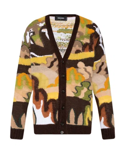 Dsquared2 Gouache Graphic-printed Buttoned Knitted Cardigan In Multi