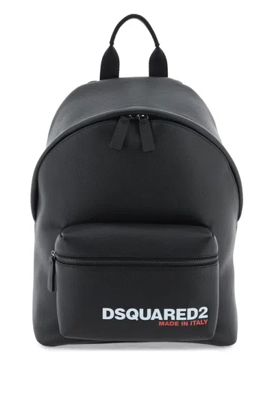 Dsquared2 Grained Leather Men's Backpack With Contrasting Logo Print In Black