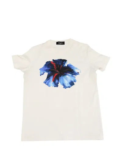 Pre-owned Dsquared2 Graphic Hibiscus-flower Print T-shirt In White