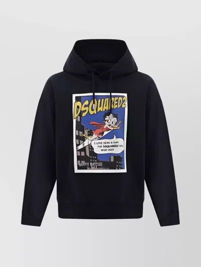 Dsquared2 Graphic Print Cotton Hoodie With Kangaroo Pocket In Black