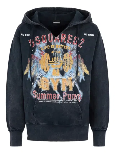 Dsquared2 Hooded Sweatshirt Graphic Print Drawstring Ribbed In Black