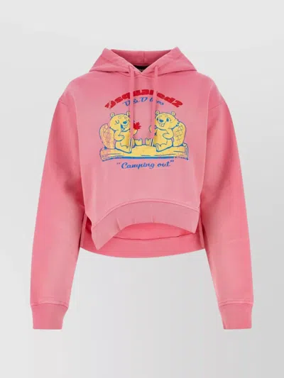 Dsquared2 Graphic Print Short Cotton Hoodie In Pink