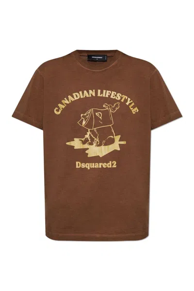 Dsquared2 Graphic Printed Crewneck T-shirt In Brown