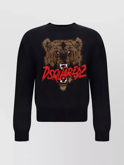 Dsquared2 Graphic Wool Crew Neck Sweater In Black