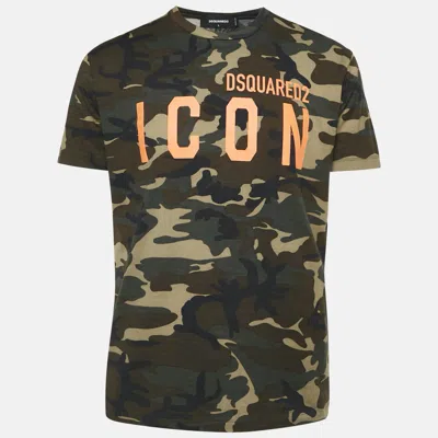Pre-owned Dsquared2 Green Camouflage Print Jersey Crewneck T-shirt L