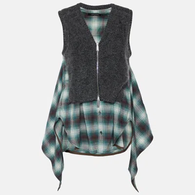 Dsquared2 Green Checkered Cotton & Knit Overlay Sleeveless Shirt In Gray