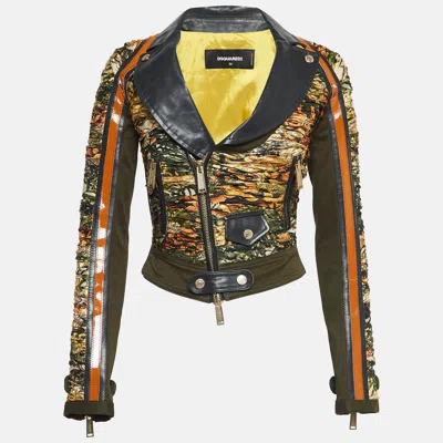 Pre-owned Dsquared2 Green Gabardine And Printed Crepe Zip-up Jacket S