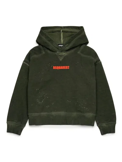 Dsquared2 Kids' Logo-print Cotton Hoodie In Winter Moss