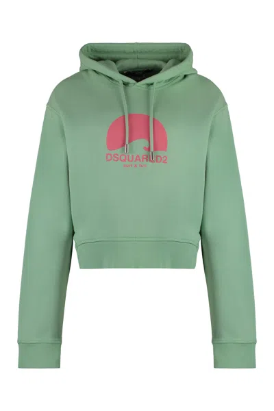 DSQUARED2 GREEN HOODIE WITH RIBBED EDGES AND SIDE SLITS