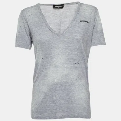 Dsquared2 Grey Distressed Cotton V-neck T-shirt In Gray