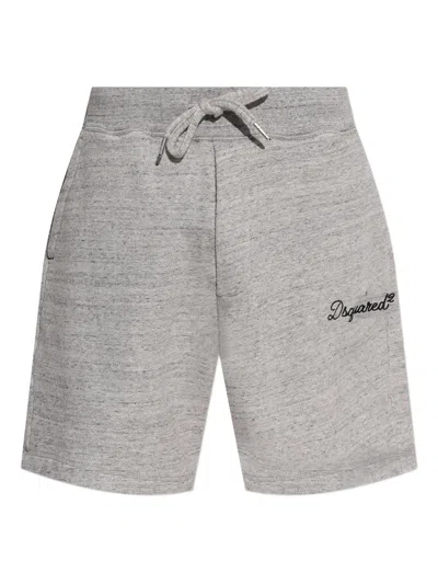 Dsquared2 Grey Heathered Cotton Embroidered Logo Shorts In Gray