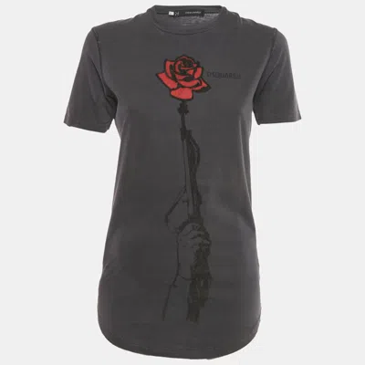 Pre-owned Dsquared2 Grey Textured Rose Print Jersey T-shirt S In Gray