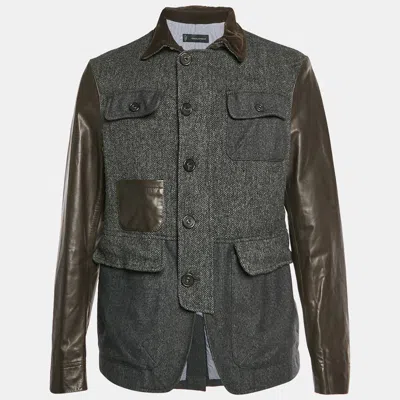 Pre-owned Dsquared2 Grey/brown Herringbone Wool And Leather Jacket Xl In Gray