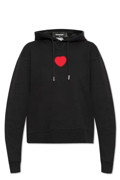 Dsquared2 Heart Patch Drawstring Hoodie In Black
