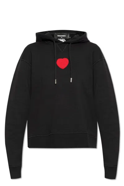 Dsquared2 Heart-patch Cotton Hoodie In Black