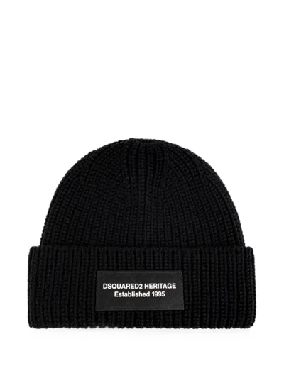 Dsquared2 Heritage Logo-patch Ribbed-knit Beanie Hat In Black