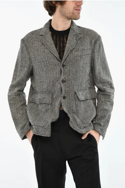 Dsquared2 Herringbone Wool 3 Buttons Blazer With Faux Leather Patch In Gray
