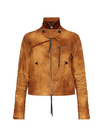 Dsquared2 High-neck Denim Jacket In Brown