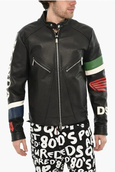 Dsquared2 Honda Textured Leather Jacket With Logo Button In Black