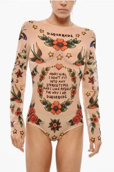 Dsquared2 Honey Tattoo Patterned Mesh Bodysuit In Multi