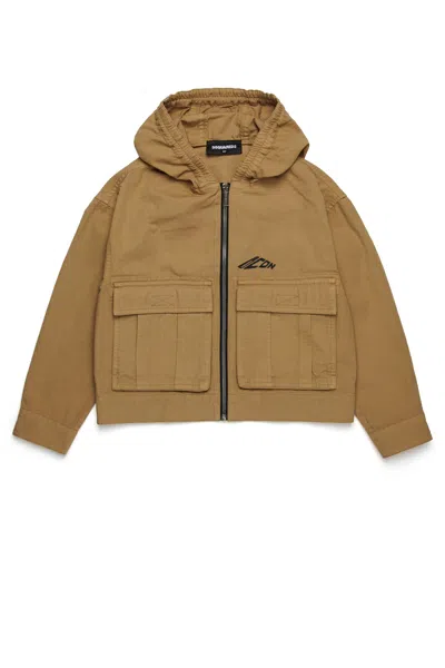 Dsquared2 Hooded Jacket In Ripstop Cotton In Beige