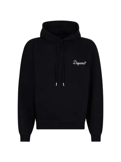 Dsquared2 Relaxed Fit Drawstring Hooded Sweatshirt With Logo Detail In Black