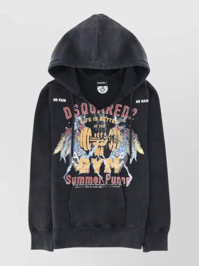 Dsquared2 Hooded Sweatshirt Graphic Print Drawstring Ribbed In Black