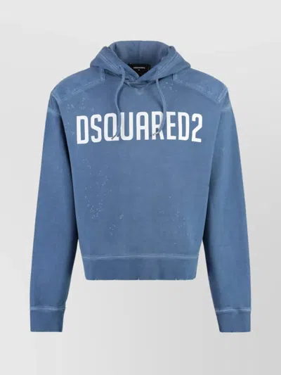 Dsquared2 Hoodie Drawstring Destroyed Cotton In Blue