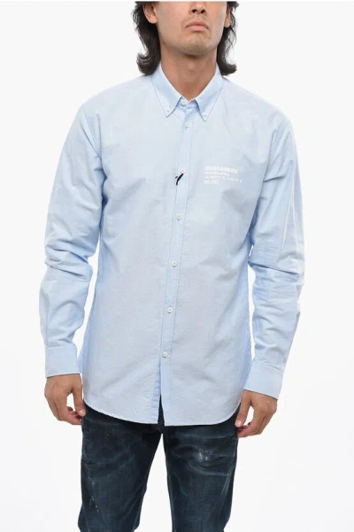 Dsquared2 Hopsack Cotton Headquarter Shirt With Button-down Collar In Blue