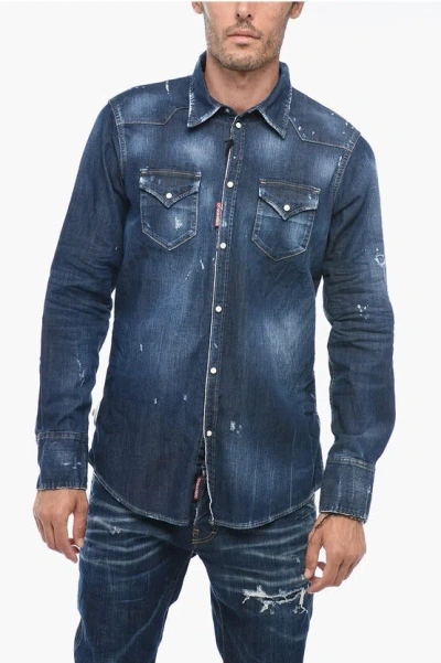 Dsquared2 Icon Acid-washed Denim Shirt With Print In Blue