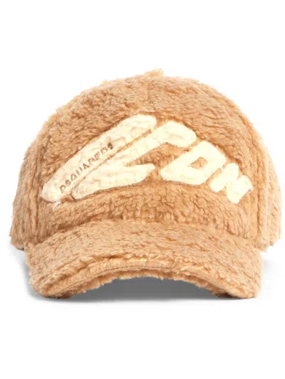 Dsquared2 Icon-appliqué Faux-shearling Cap In Beige