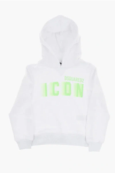Dsquared2 Icon Brushed Cotton Relax Hoodie With Fluorescent Logo In White