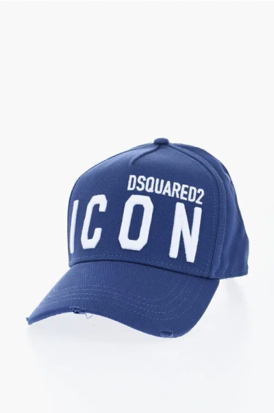 Dsquared2 Icon Cotton Gabardine Cap With Embossed Embroidery In Blue