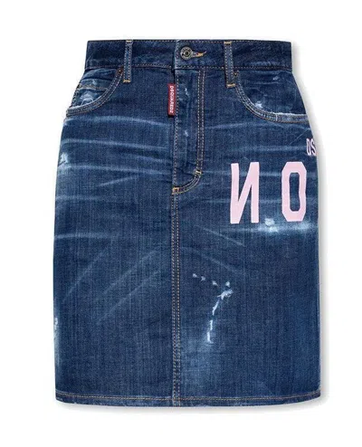 Dsquared2 Icon Cracked Mini Denim Skirt In Blue