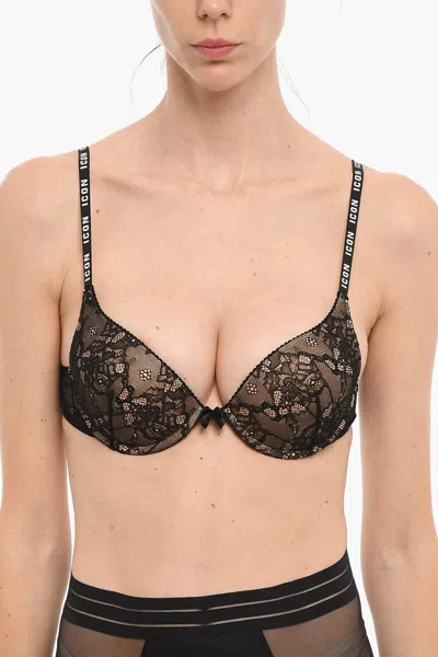 Dsquared2 Icon Lace Push-up Bra With Logoed Straps In Black