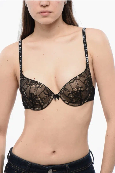 Dsquared2 Icon Laced Bra With Logoed Straps In Black