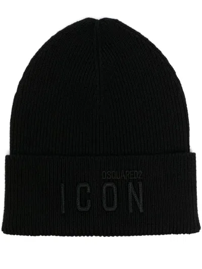 Dsquared2 Icon Logo-embroidered Wool Beanie In Schwarz