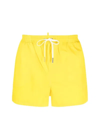 Dsquared2 Icon Stretch Nylon Swim Shorts With Contrasting Maxi Logo In Yellow