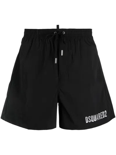 Dsquared2 Icon Metallic-logo Drawstring Swim Shorts In Black