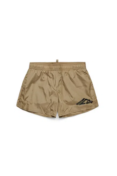 Dsquared2 Kids' Icon New Generation Branded Boxer Swimsuit In Beige
