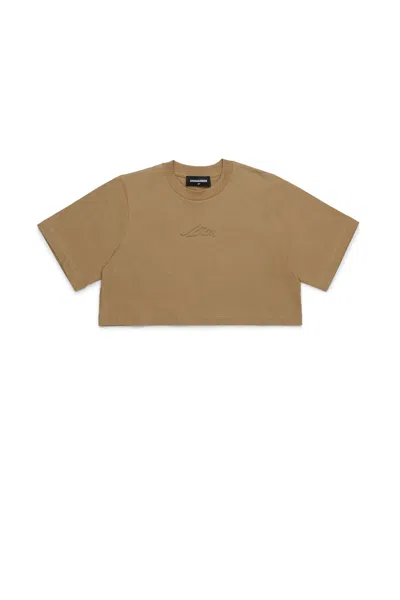 Dsquared2 Kids' Icon New Generation Branded Cropped T-shirt In Beige