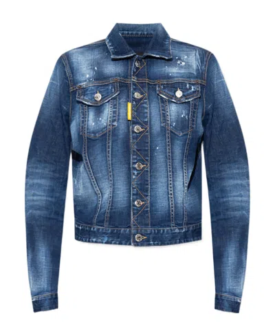 Dsquared2 Icon Paint-splatter Denim Jacket In Blue