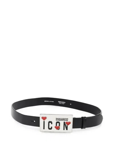 Dsquared2 Icon Plaque Leather Belt In Black