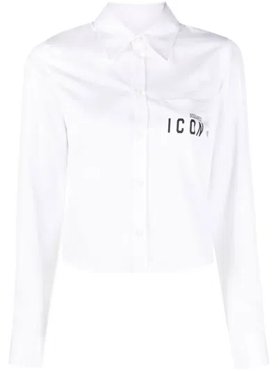 Dsquared2 Icon Print Cropped Cotton Shirt In White